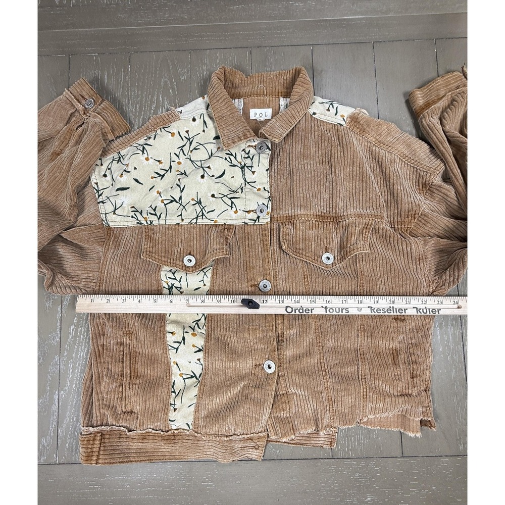 POL Jacket Womens Small Tan Corduroy Floral Patchwork Frayed Hem Oversized Boho - Picture 10 of 11
